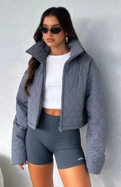 Too Distant Cropped Puffer Jacket Charcoal